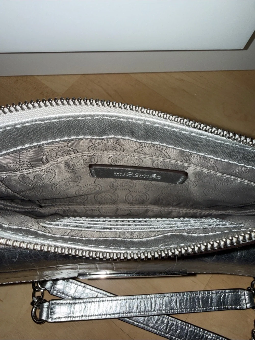 Michael Kors Sloan Editor Metallic Silver Croc-Embossed Chain Shoulder/Crossbody